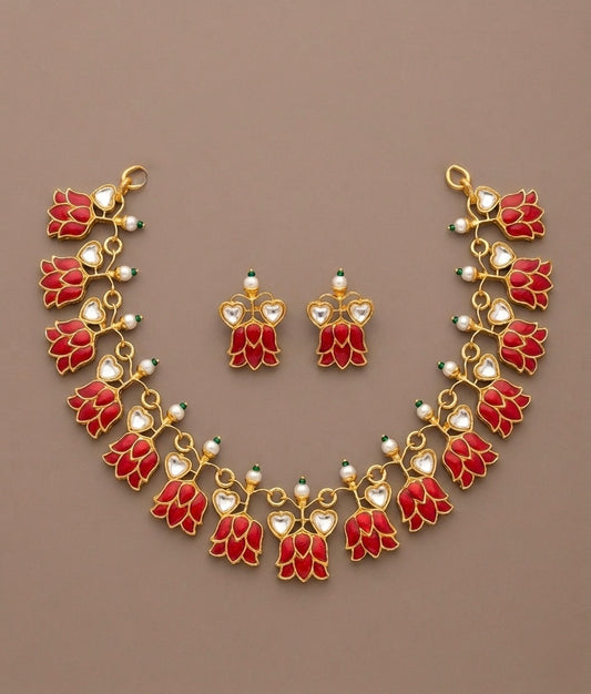 Gold tone coral-white kundan jadau lotus necklace set dj-51543
