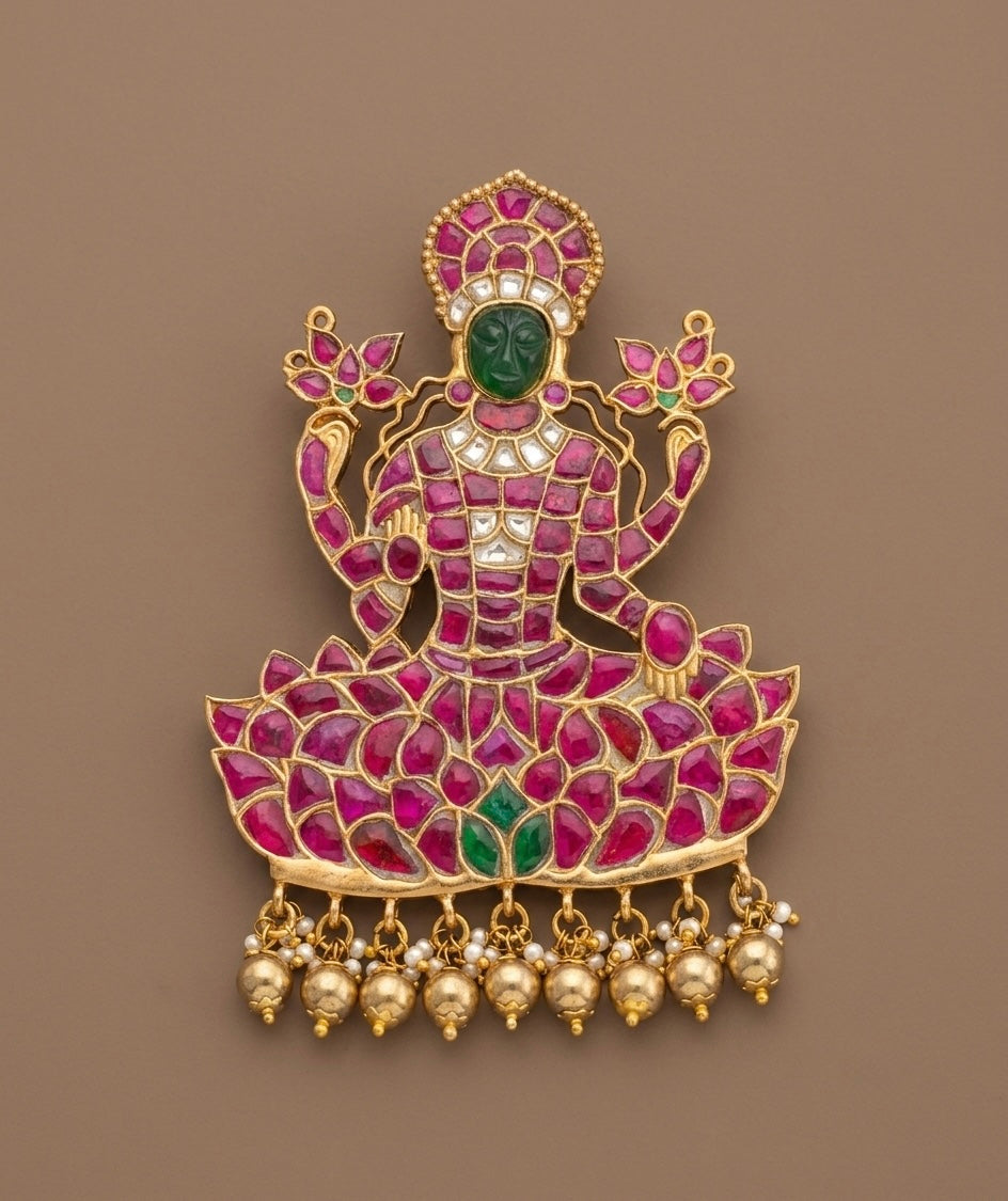 Gold tone pink-green-white kundan jadau lakshmi pendant dj-53844