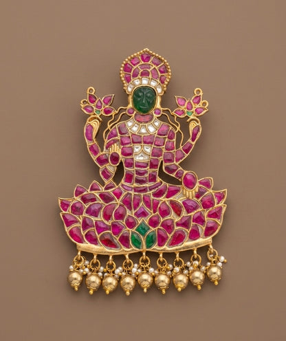 Gold tone pink-green-white kundan jadau lakshmi pendant dj-53844