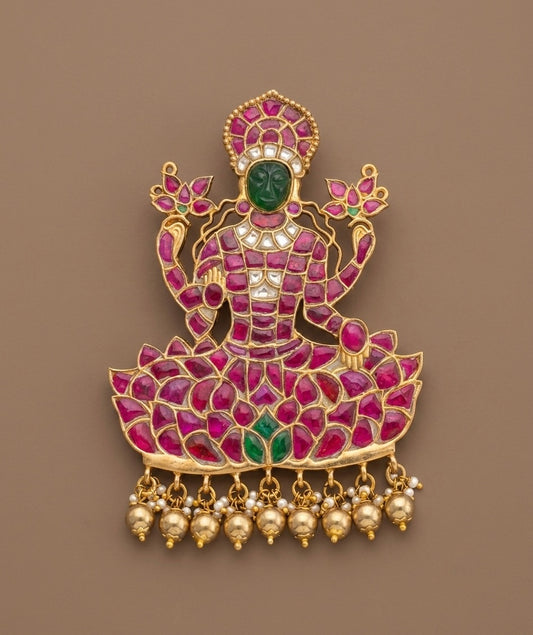 Gold tone pink-green-white kundan jadau lakshmi pendant dj-53844