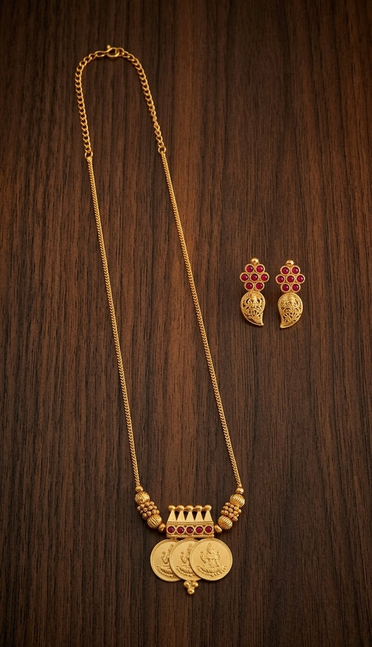 Gold tone kerala style pink stone lakshmi coin necklace set dj-54356