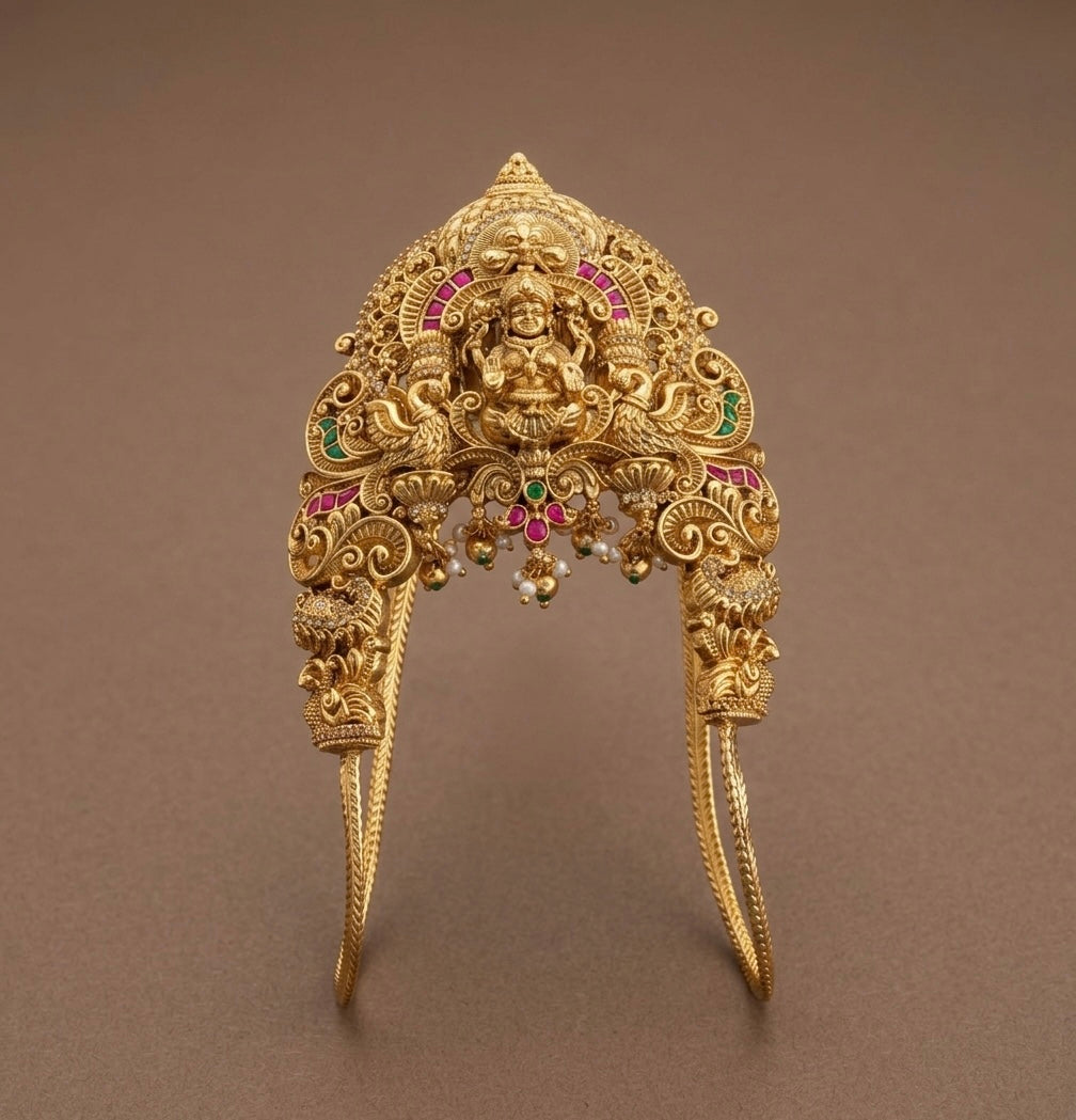 Antique gold tone kemp-green-white stone lakshmi peacock vanki/bajuband dj-54480