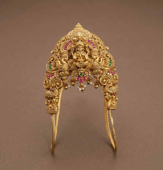Antique gold tone kemp-green-white stone lakshmi peacock vanki/bajuband dj-54480