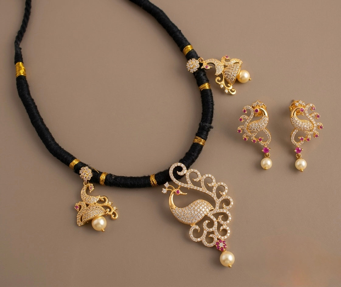 Gold tone black thread cz ruby peacock necklace set-dj06597