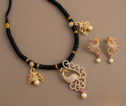 Gold tone black thread cz ruby peacock necklace set-dj06597