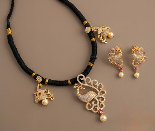 Gold tone black thread cz ruby peacock necklace set-dj06597