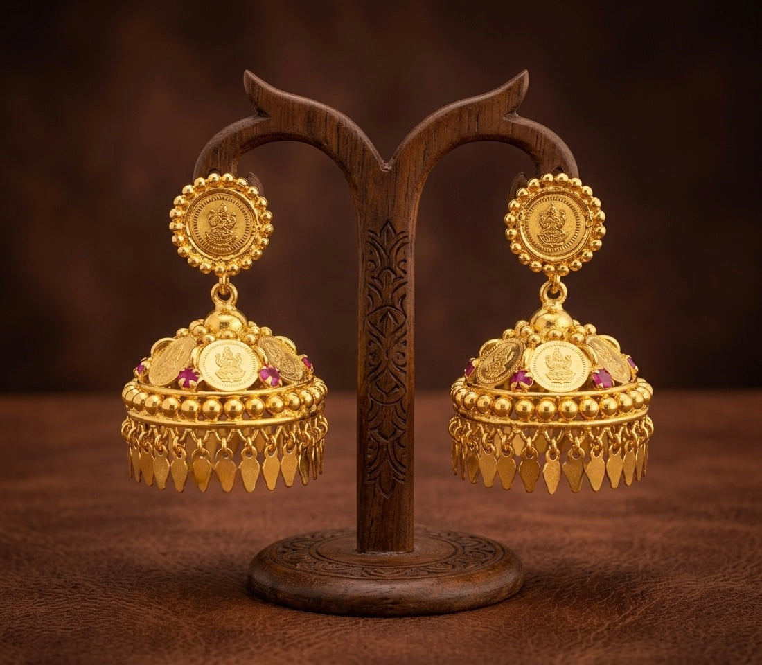 Gold tone ruby lakshmi coin elakka jhumkka dj-53149