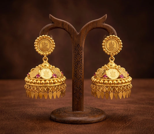 Gold tone ruby lakshmi coin elakka jhumkka dj-53149