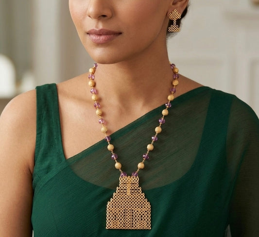 Gold tone temple rangoli purple beaded mala set dj-54489