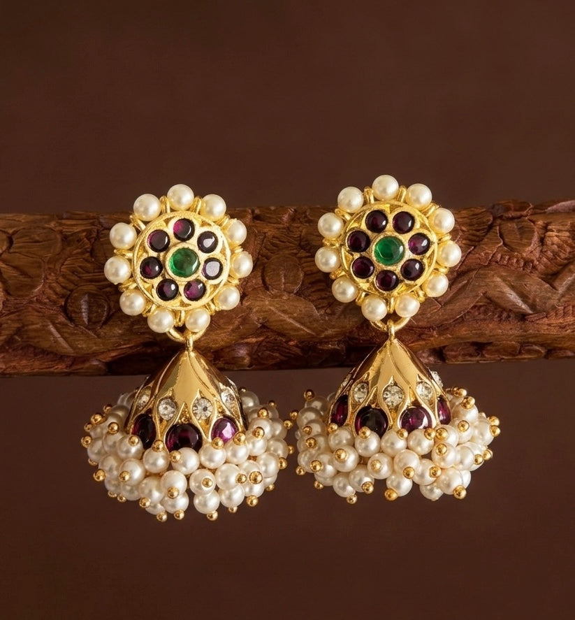 Gold tone precious kemp-green-white pearl jhumkka dj-51477