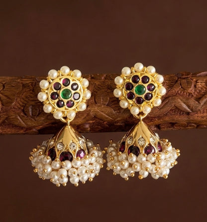 Gold tone precious kemp-green-white pearl jhumkka dj-51477