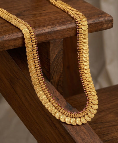 Gold tone pink stone lakshmi coin haar dj-53175