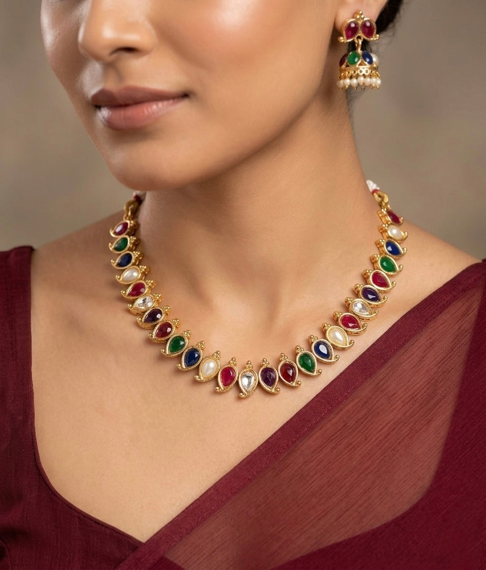 Matte Finish Navarathna Mango Necklace Set DJ29225