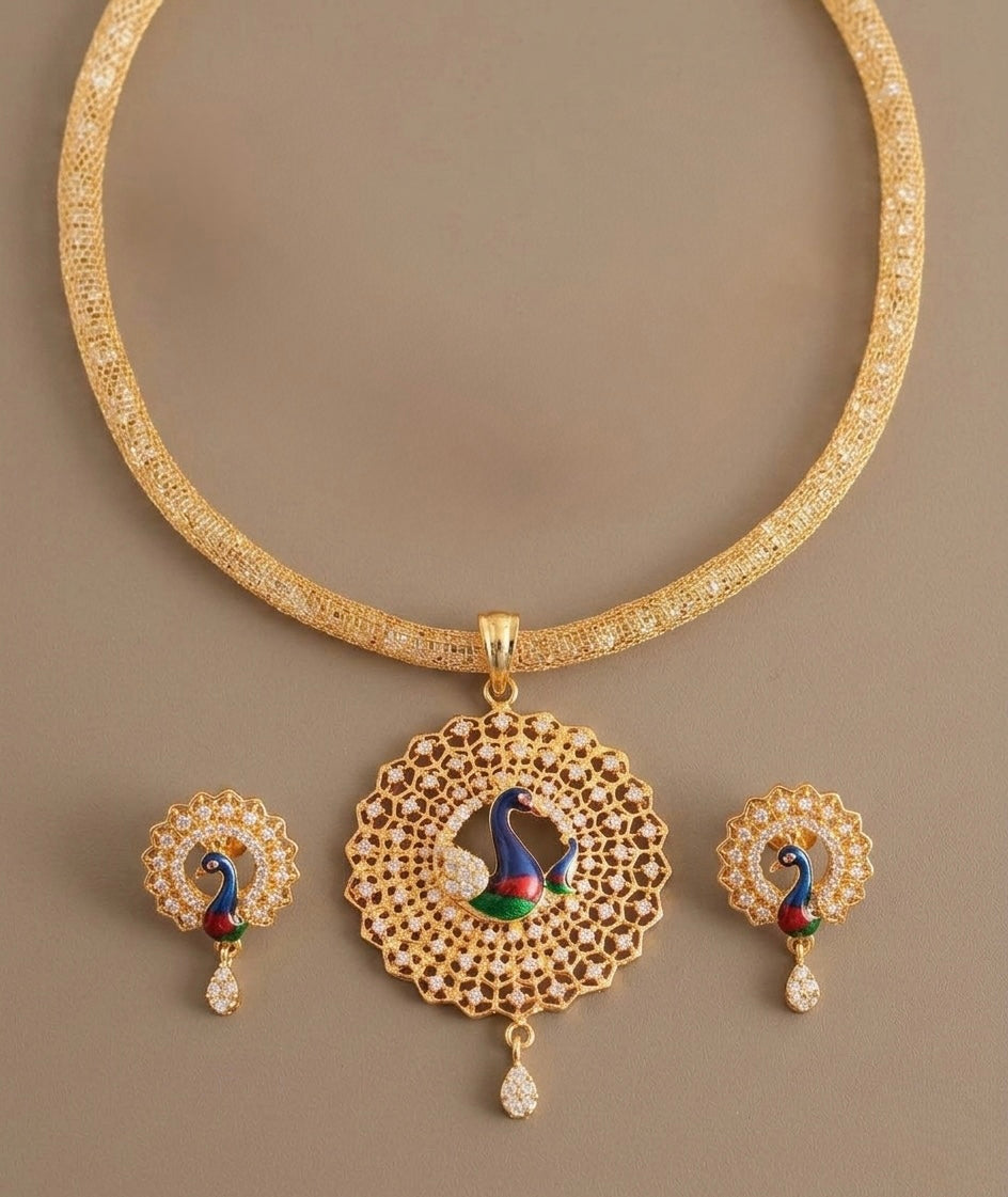 Gold Tone Cz Meenakari peacock Round pendant Necklace Set-dj08909
