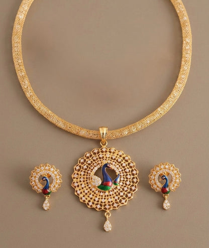 Gold Tone Cz Meenakari peacock Round pendant Necklace Set-dj08909