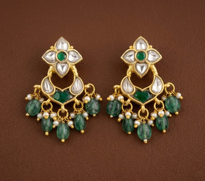 Gold tone white-green stone green beaded kundan jadau bali earrings dj-53558