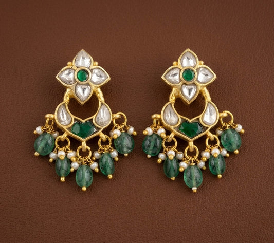 Gold tone white-green stone green beaded kundan jadau bali earrings dj-53558
