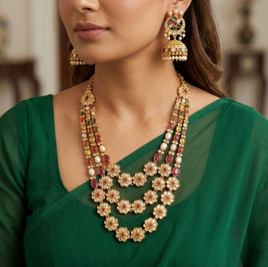 Matt Finish Multilayer Navarathna Short Haar Set dj-31637