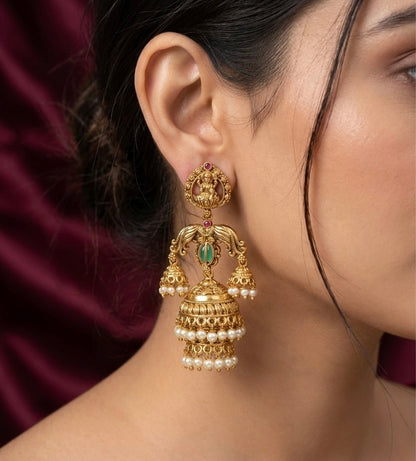 Antique gold tone kemp-green pearl peacock lakshmi step jhumkka dj-54566