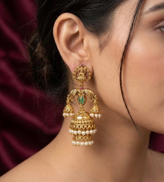 Antique gold tone kemp-green pearl peacock lakshmi step jhumkka dj-54566