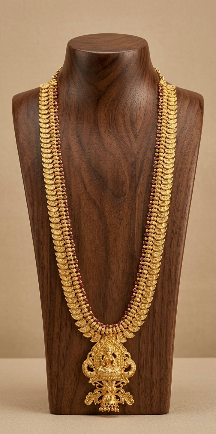 Gold tone pink stone lakshmi mango peacock haar dj-53161