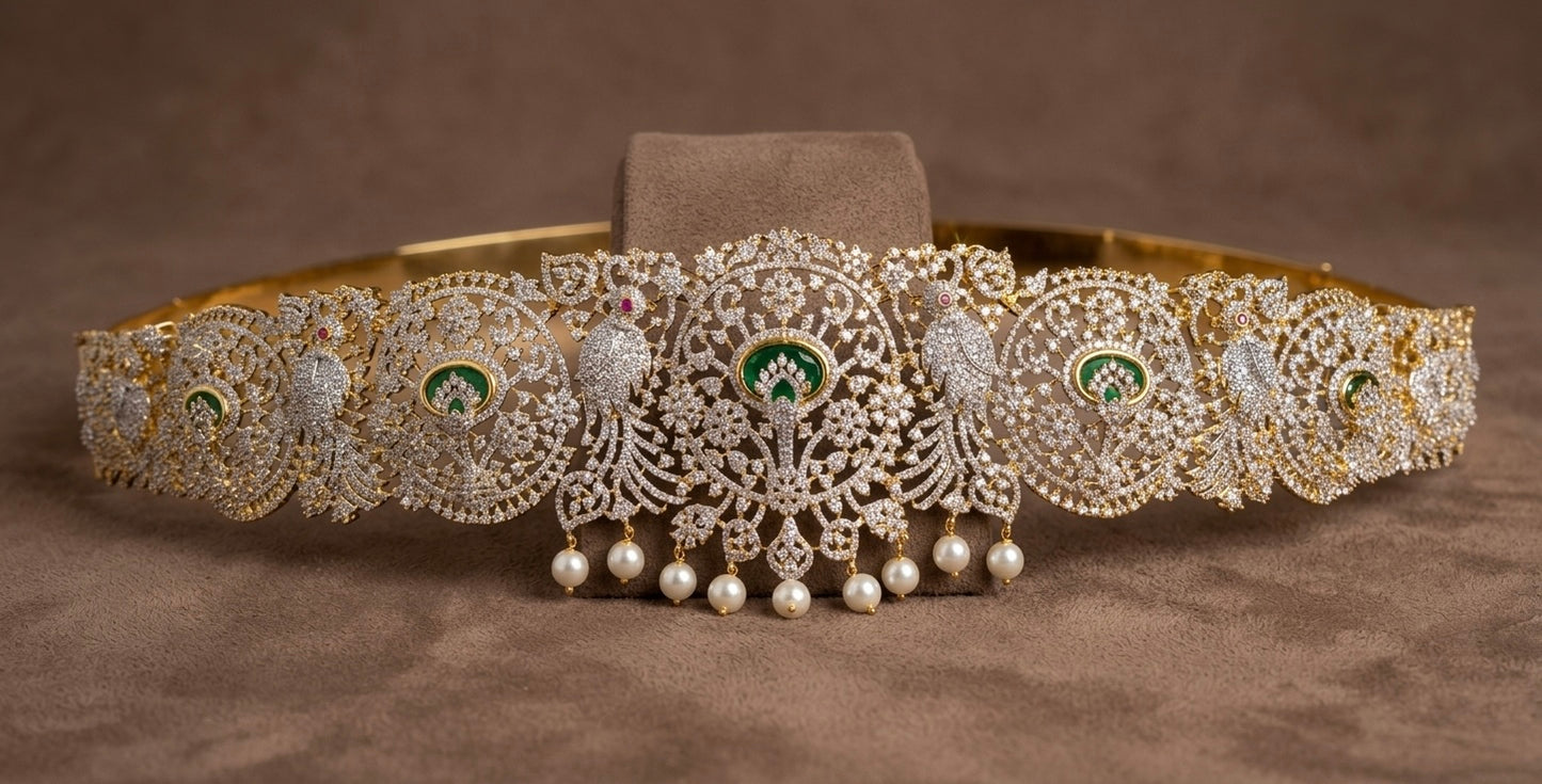 Two tone cz ruby-white-green pearl waist band dj-53524