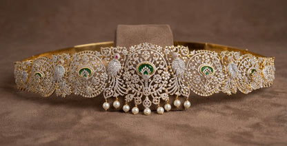 Two tone cz ruby-white-green pearl waist band dj-53524