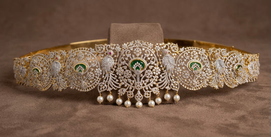 Two tone cz ruby-white-green pearl waist band dj-53524