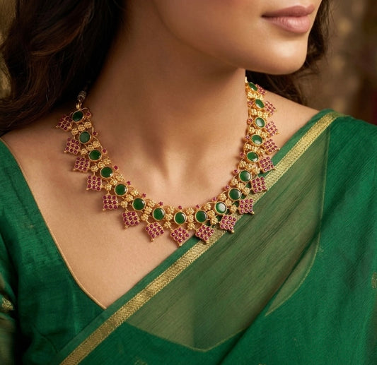 Gold tone AD pink stone green round Kerala style necklace dj-36399