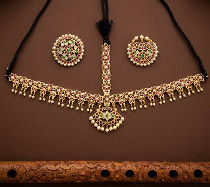 Gold tone precious kemp-green pearl with sun and moon head set/tikka dj-52014