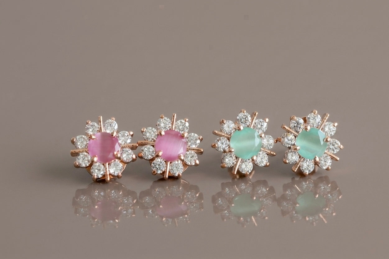 Rose gold tone cz 2 pair of flower earrings dj-43940