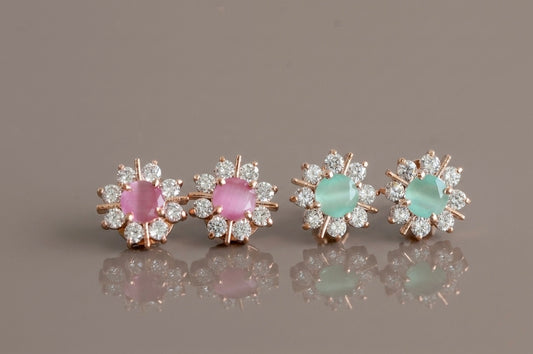Rose gold tone cz 2 pair of flower earrings dj-43940