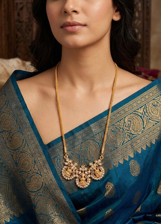 Gold tone white stone lakshmi pendant with chain dj-53253