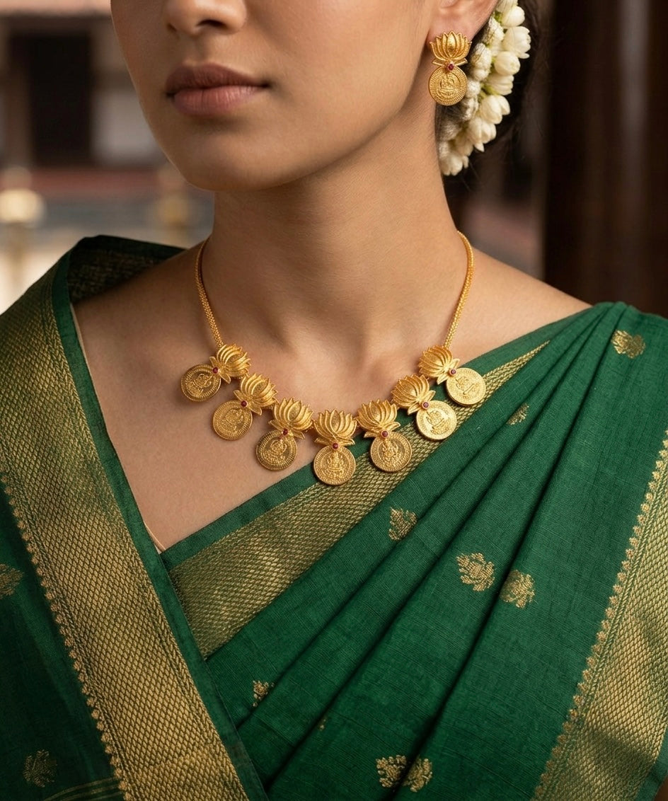 Gold tone pink stone lakshmi coin lotus necklace set dj-54120