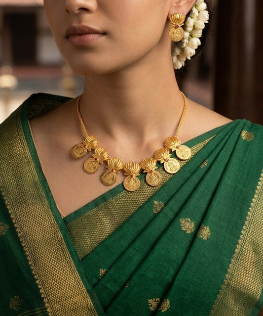 Gold tone pink stone lakshmi coin lotus necklace set dj-54120