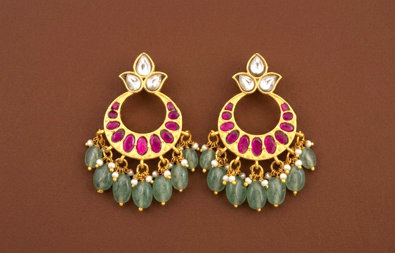 Gold tone white-pink stone green beaded kundan jadau bali earrings dj-53557