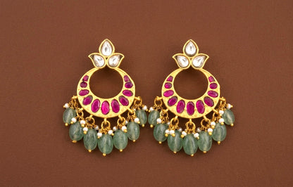 Gold tone white-pink stone green beaded kundan jadau bali earrings dj-53557
