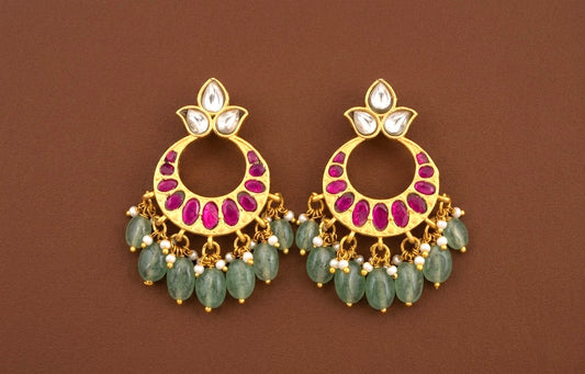 Gold tone white-pink stone green beaded kundan jadau bali earrings dj-53557