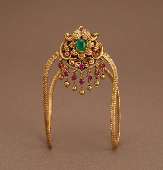 Antique gold tone kemp-green-white stone peacock vanki/bajuband dj-54482