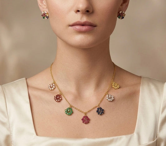 Antique gold multicolor stone necklace set dj-54414