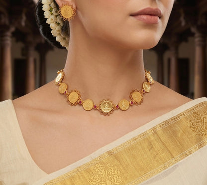 Gold tone pink stone lakshmi coin choker necklace set dj-54122
