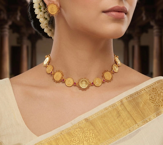 Gold tone pink stone lakshmi coin choker necklace set dj-54122