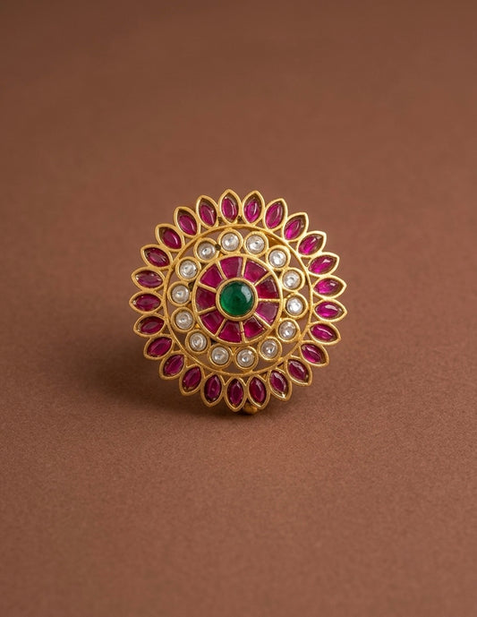 Gold tone pink-green-white kundan jadau round finger ring dj-54321