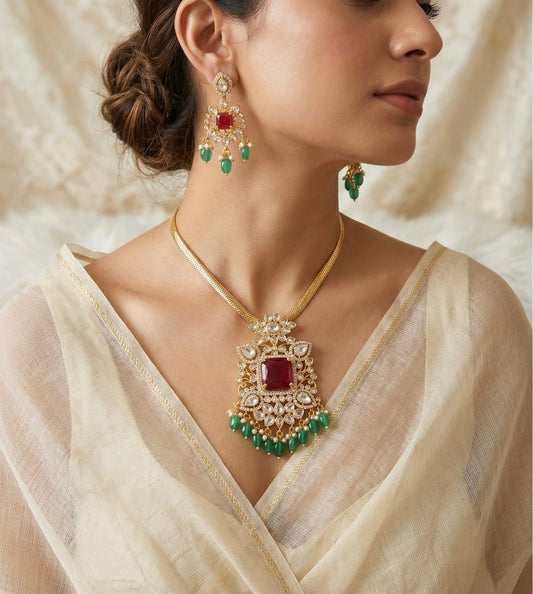 Gold tone white-red big stone green beaded necklace set dj-54436