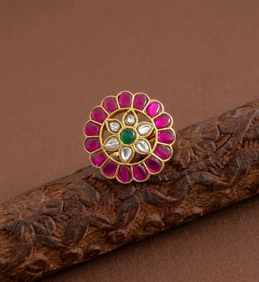 Gold tone pink-green-white kundan jadau round flower finger ring dj-54322
