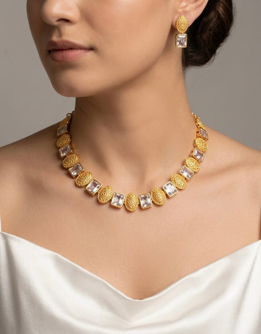 Gold tone white block stone necklace set dj-54663