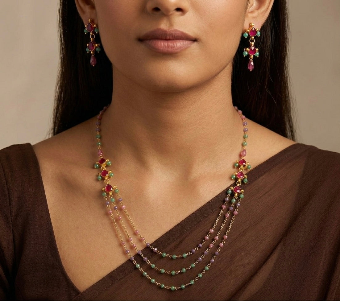 Antique gold tone kundan jadau beaded multi layer necklace set dj-54175