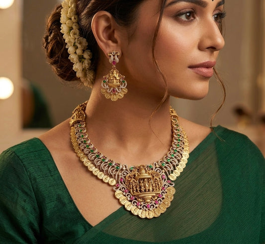 Antique gold tone pink-green-white peacock ram parivar necklace set dj-54440