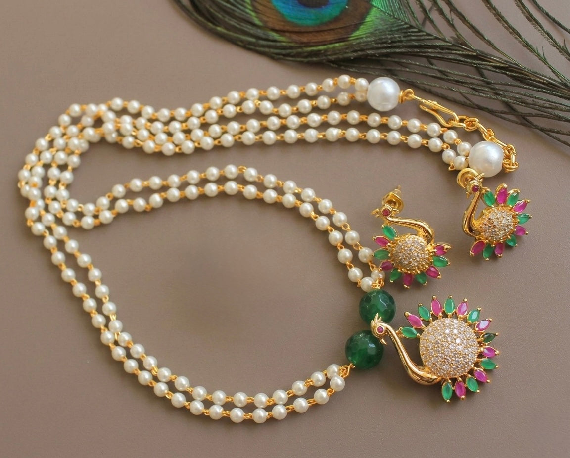 Gold tone Cz Ruby-green Peacock Pearl chain/Necklace Set DJ24053