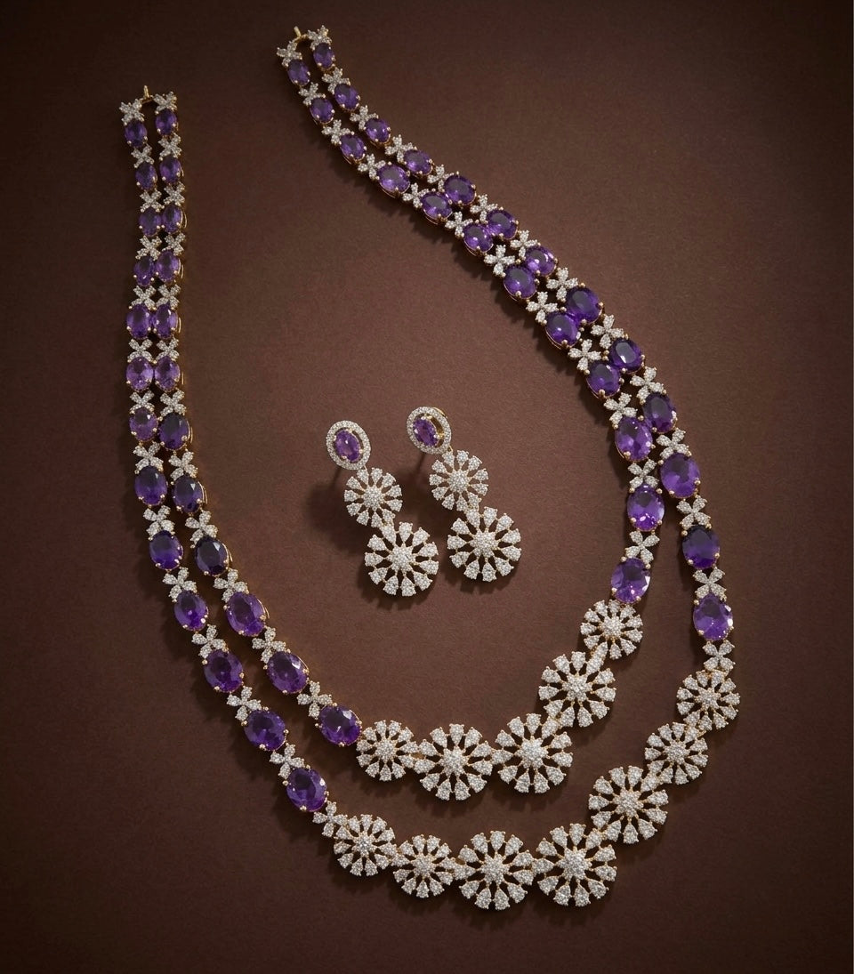Two tone cz purple stone double layer short haar set dj-54412